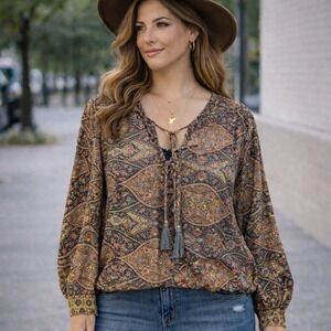 Boemo Boho Paisley Print Peasant Blouse Tassel Tie Long Sleeve M